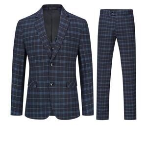 Plaid Men's Suits 3 Piece Slim Fit Formal Business Blazer Wedding Tuxedo 3X Navy